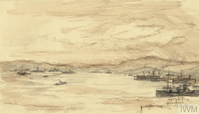 A view of shipping gathered in Mudros Bay - IWM © Art.IWM ART 4255