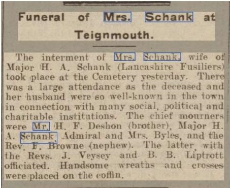 Western Times 16 February 1907 -  Funeral of Ada Cheveley Schank