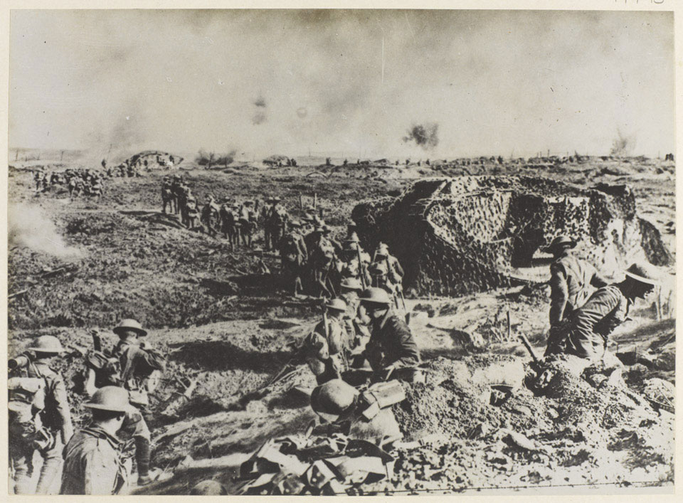 Camouflaged tanks and infantry moving up to the attack, 26 September 1917 - National Army Museum, Out of Copyright