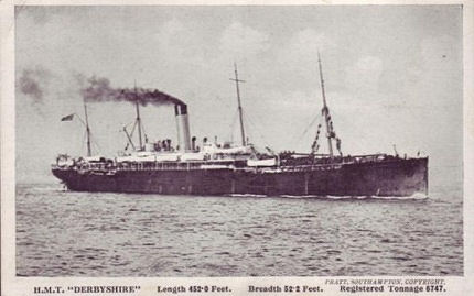 His Majesty's Troopship HMT Derbyshire. Requisitioned in WW1 and continued as a Troopship into the 1920s. A one-class vessel with very comfortable facilities. Copyright © Simon Parker-Galbreath