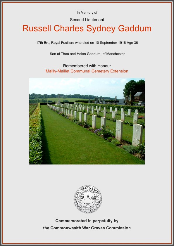 2nd Lieutenant Russell Charles Sydney Gaddum, 17th Battalion, The Royal Fusiliers, Commemorative Certificate