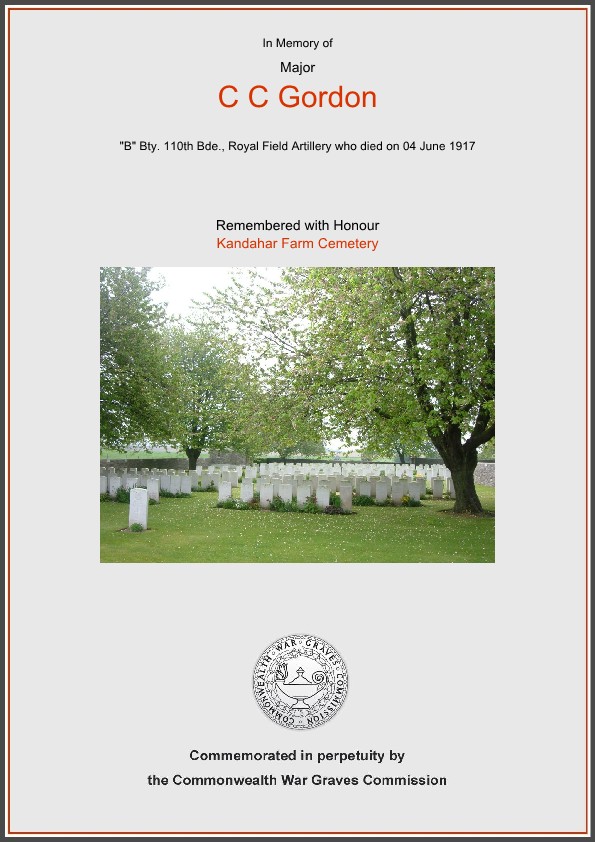 Major Charles Cecil Gordon, Unit B Battery, 110th Brigade, Royal Field Artillery, Commemorative Certificate