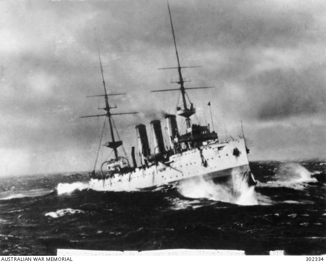 HMS Challenger in heavy weather in 1910 before she was recommissioned in WW1. Copyright expired. https://www.awm.gov.au/collection/C237949