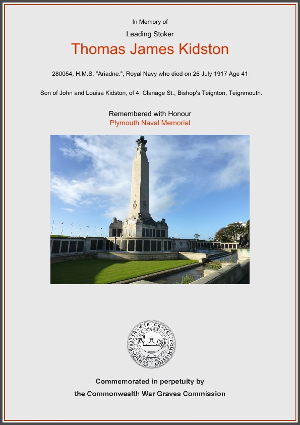 Leading Stoker Thomas James Kidston Commemorative Certificate