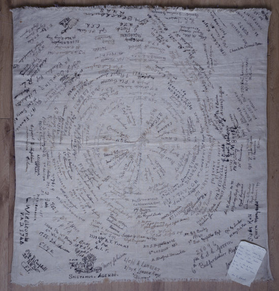 Tablecloth signed by patients and staff at Harleston hospitals in WW1.  With kind permission of the Oxford University-led  Lest We Forget project