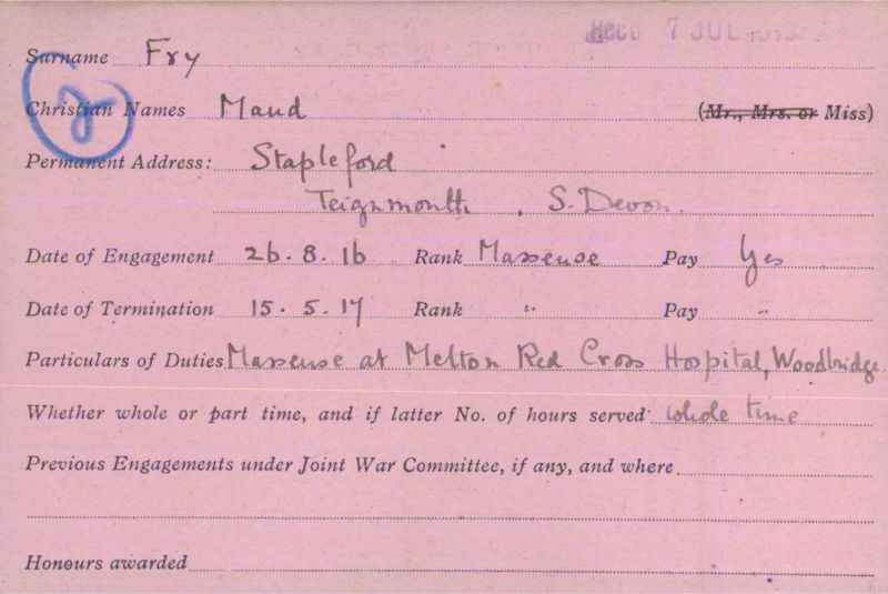 Voluntary Aid Detachment (VAD) Card. ©2018 British Red Cross (CC BY-NC 2.0 UK)